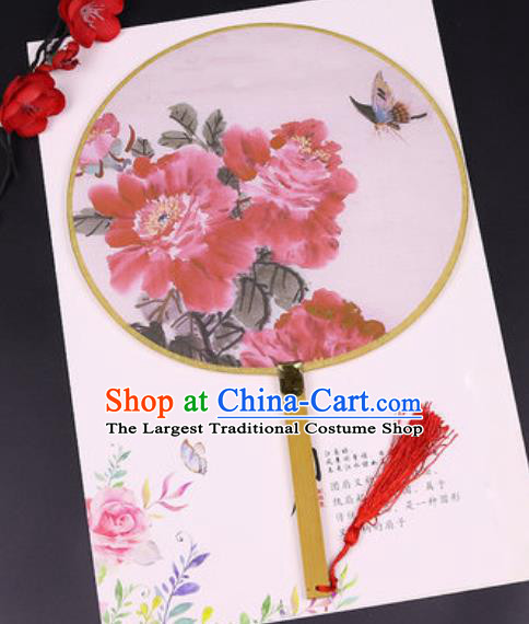 Chinese Traditional Printing Red Peony Butterfly Silk Fans Handmade Classical Dance Palace Fan for Women