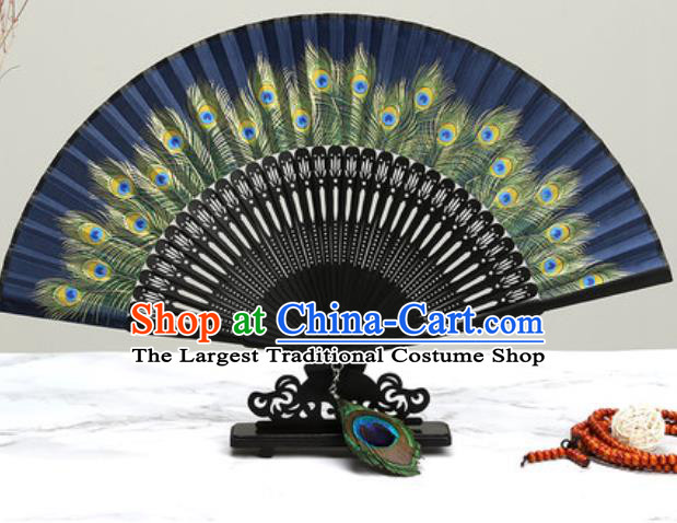 Chinese Traditional Printing Peacock Feather Navy Silk Fan Classical Dance Accordion Fans Folding Fan