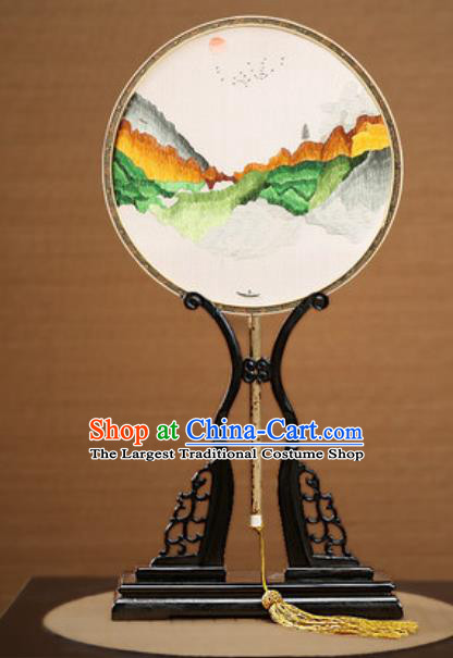 Handmade Chinese Embroidered Sunset Landscape Silk Round Fans Traditional Classical Dance Palace Fan for Women