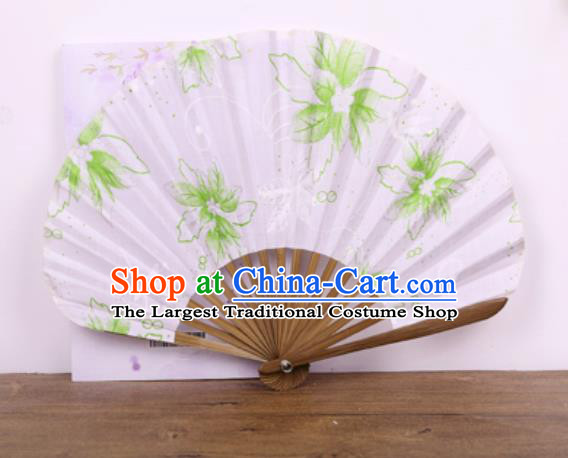 Handmade Chinese Printing Green Flowers Satin Fan Traditional Classical Dance Accordion Fans Folding Fan