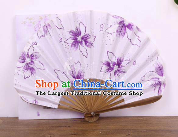 Handmade Chinese Printing Purple Flowers Satin Fan Traditional Classical Dance Accordion Fans Folding Fan