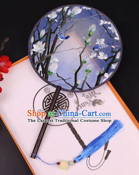 Handmade Chinese Embroidered Mangnolia Blue Silk Fans Traditional Classical Dance Palace Fan for Women