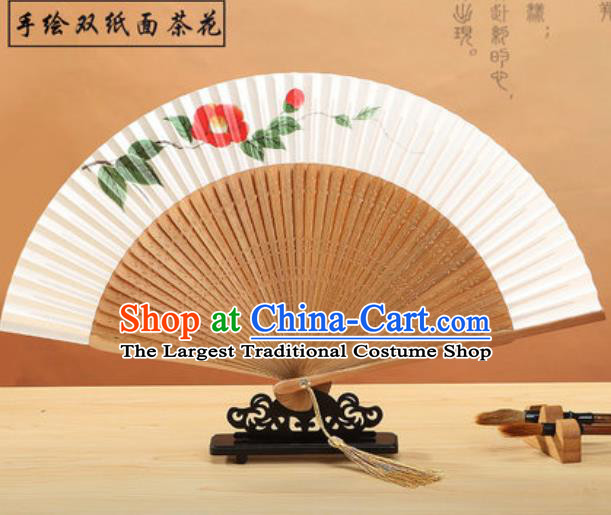 Chinese Traditional Hand Painting Camellia Paper Fan Classical Dance Accordion Bamboo Fans Folding Fan