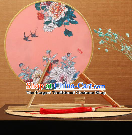 Handmade Chinese Printing Peony Pink Round Fans Traditional Classical Dance Red Beech Palace Fan for Women