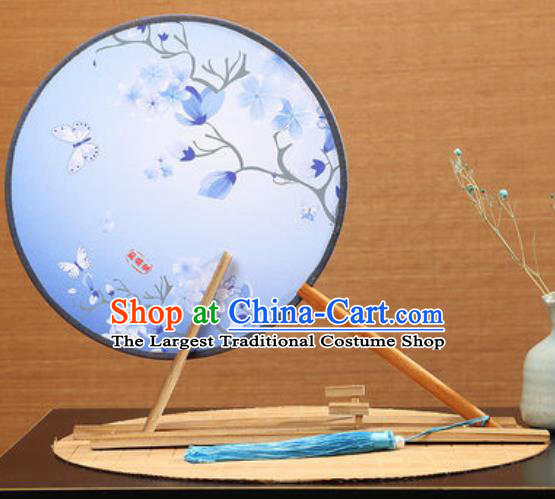 Handmade Chinese Printing Mangnolia Butterfly Blue Round Fans Traditional Classical Dance Red Beech Palace Fan for Women