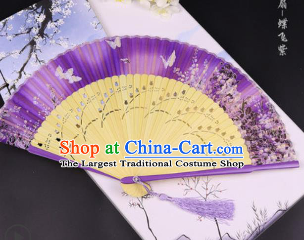 Handmade Chinese Butterfly Purple Cotton Fan Traditional Classical Dance Accordion Fans Folding Fan