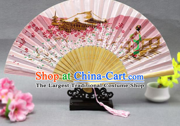 Handmade Chinese Printing Sakura Pink Fan Traditional Classical Dance Accordion Fans Folding Fan