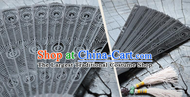 Handmade Chinese Carving Peacock Feather Ebony Fan Traditional Classical Dance Accordion Fans Folding Fan
