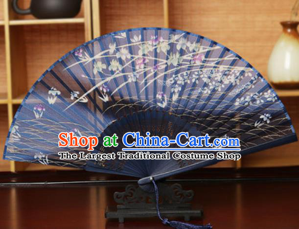 Handmade Chinese Printing Flowers Navy Silk Fan Traditional Classical Dance Accordion Fans Folding Fan