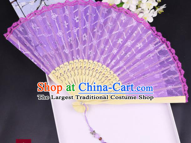 Handmade Chinese Purple Lace Fan Traditional Classical Dance Accordion Fans Folding Fan