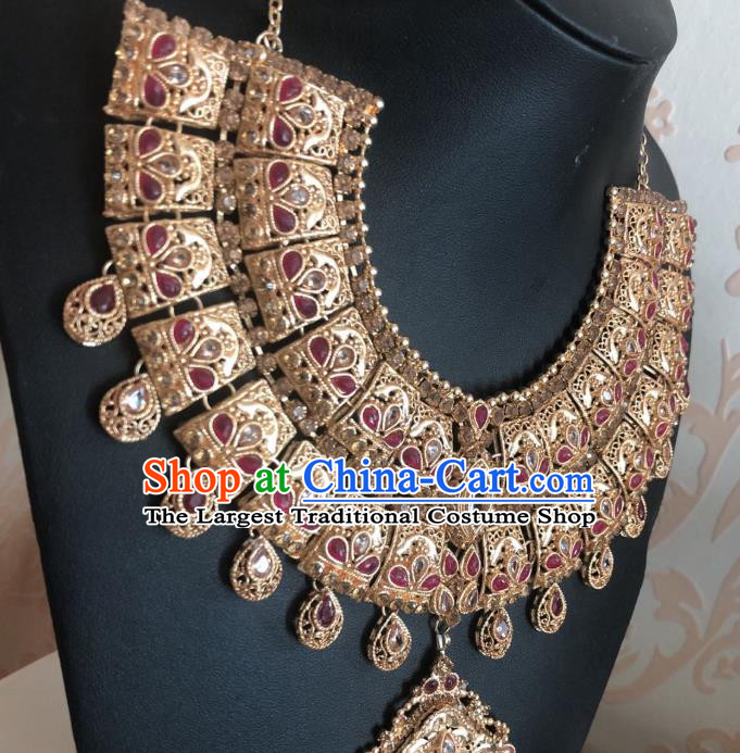 Indian Traditional Wedding Red Gem Necklace Asian India Bride Jewelry Accessories for Women