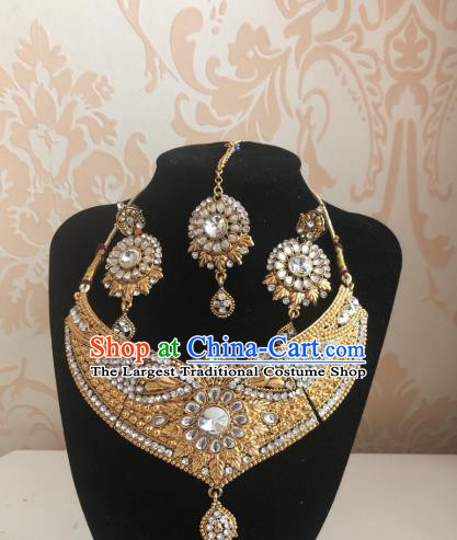 Indian Traditional Wedding Golden Necklace Eyebrows Pendant and Earrings Asian India Bride Headwear Jewelry Accessories for Women