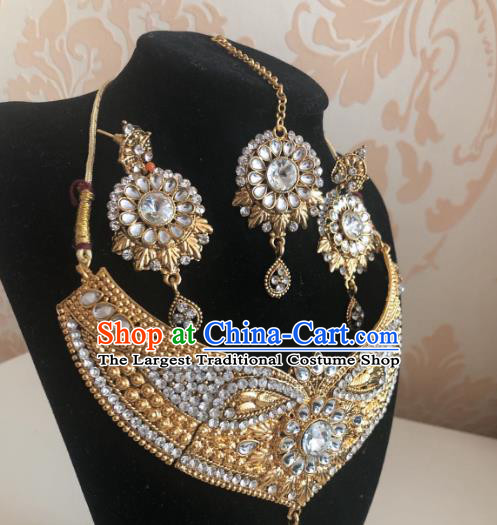 Indian Traditional Wedding Golden Necklace Eyebrows Pendant and Earrings Asian India Bride Headwear Jewelry Accessories for Women
