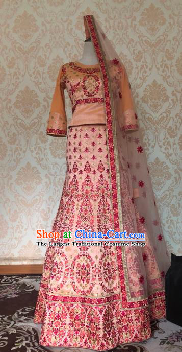 Indian Traditional Embroidered Orange Lehenga Dress Asian India Bride Wedding Costume for Women