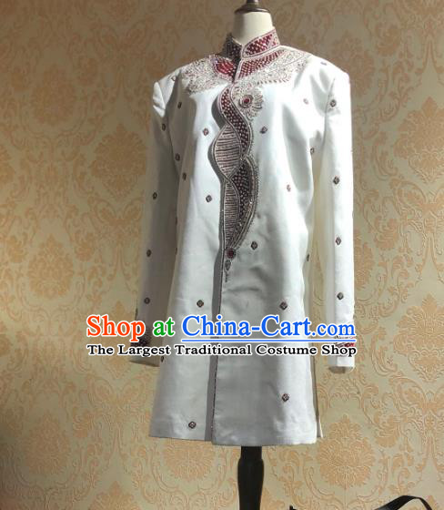 Indian Traditional Embroidered White Coat Asian Hui Nationality Bridegroom Wedding Costume for Men