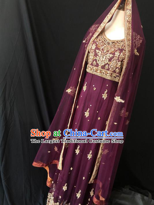 Indian Traditional Bride Embroidered Purple Lehenga Dress Asian Hui Nationality Wedding Costume for Women