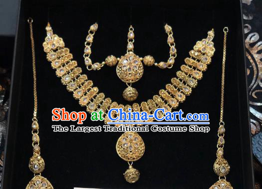 Indian Traditional Wedding Crystal Necklace Earrings and Eyebrows Pendant Asian India Bride Headwear Jewelry Accessories for Women