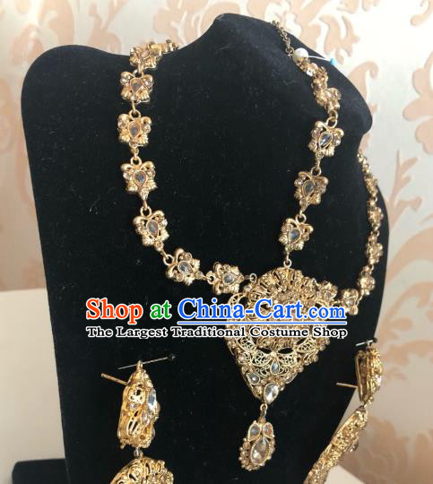 Indian Traditional Wedding Golden Eyebrows Pendant and Earrings Asian India Bride Headwear Jewelry Accessories for Women