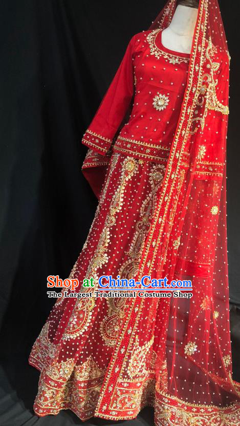Indian Traditional Bride Red Lehenga Embroidered Dress Asian Hui Nationality Wedding Costume for Women