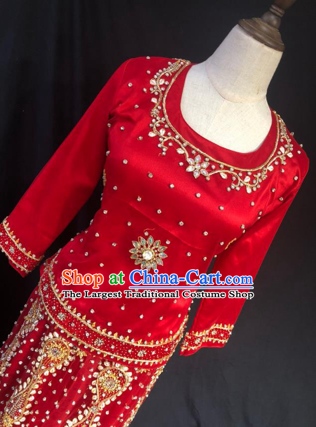 Indian Traditional Bride Red Lehenga Embroidered Dress Asian Hui Nationality Wedding Costume for Women