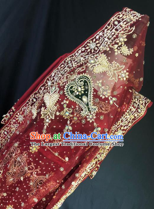 Indian Traditional Bride Dark Red Lehenga Exquisite Embroidered Dress Asian Hui Nationality Wedding Costume for Women