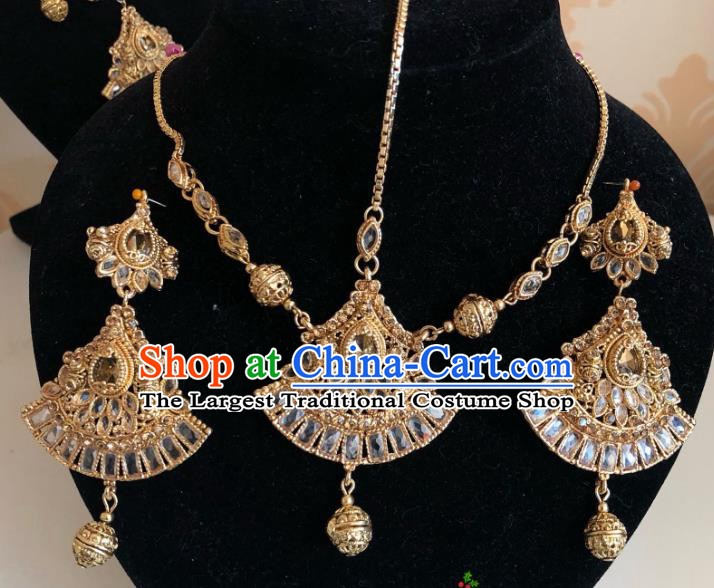 Indian Traditional Wedding Golden Eyebrows Pendant and Earrings Asian India Bride Headwear Jewelry Accessories for Women