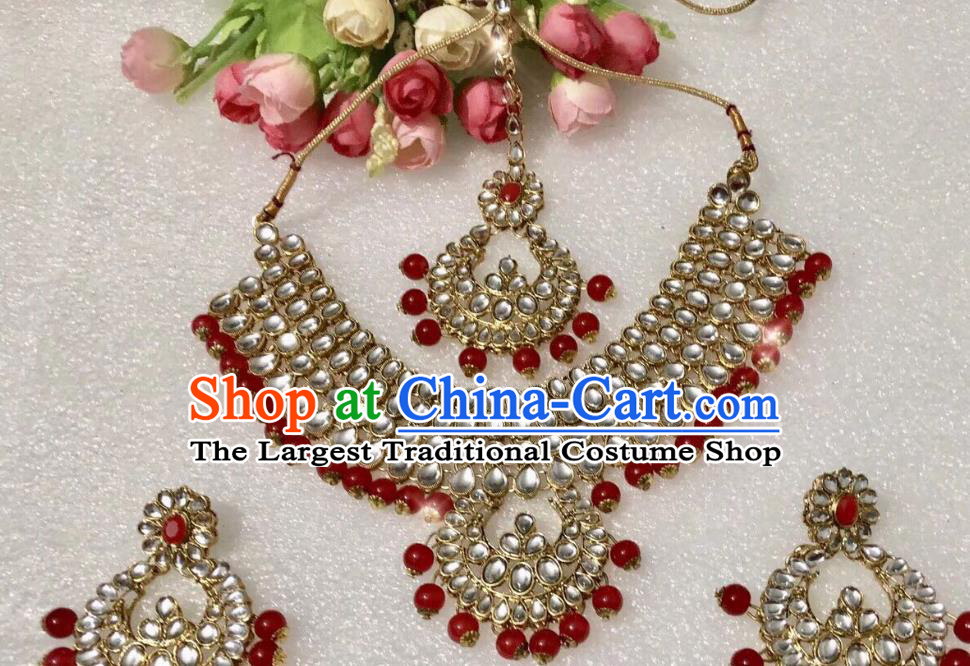 Indian Traditional Wedding Red Beads Eyebrows Pendant Necklace and Earrings Asian India Bride Headwear Jewelry Accessories for Women