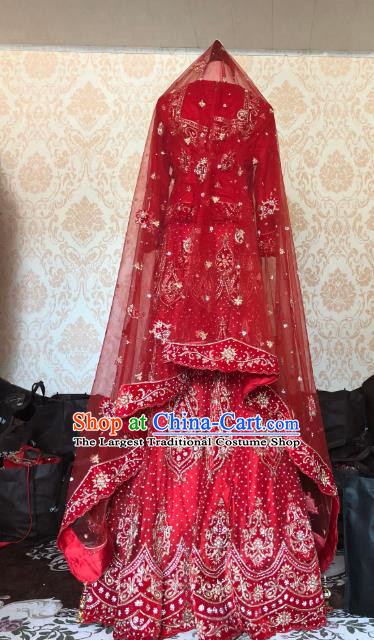 Indian Traditional Wedding Costume Asian Hui Nationality Bride Embroidered Red Lehenga Dress for Women