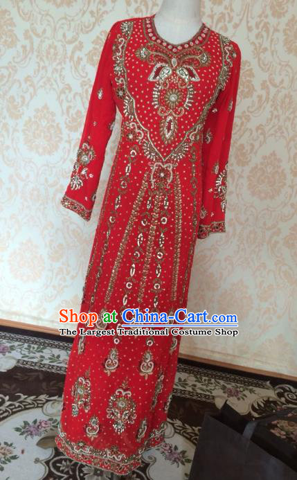 Indian Traditional Wedding Red Embroidered Costume Asian Hui Nationality Bride Lehenga Dress for Women