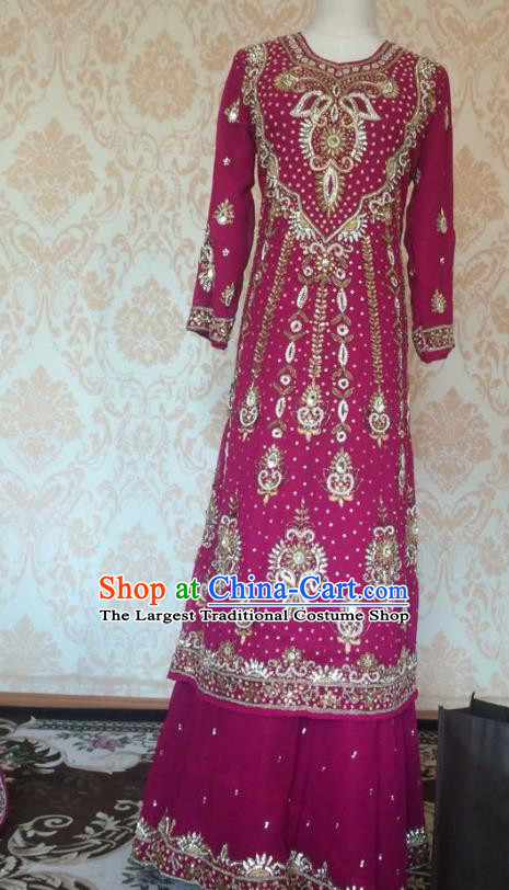 Indian Traditional Wedding Embroidered Rosy Costume Asian Hui Nationality Bride Lehenga Dress for Women