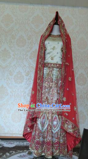 Indian Traditional Diamante White Lehenga Costume Asian Hui Nationality Wedding Bride Embroidered Dress for Women