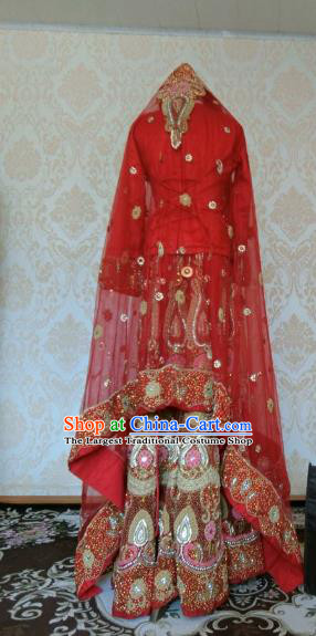 Indian Traditional Pearls Embedded Red Lehenga Costume Asian Hui Nationality Wedding Bride Embroidered Dress for Women