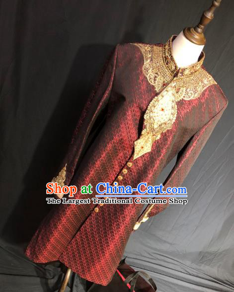 Indian Traditional Embroidered Dark Red Coat Asian Hui Nationality Bridegroom Wedding Costume for Men
