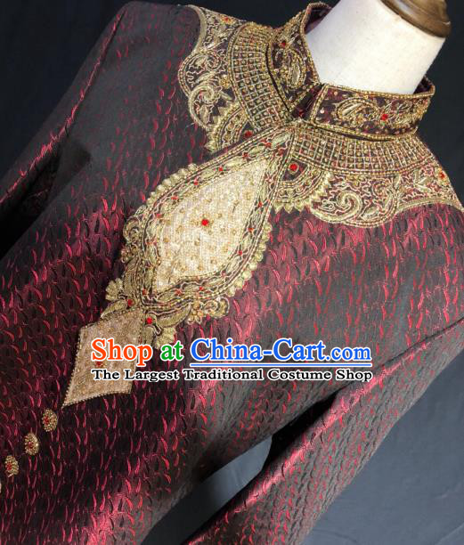 Indian Traditional Embroidered Dark Red Coat Asian Hui Nationality Bridegroom Wedding Costume for Men