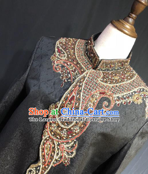 Indian Traditional Embroidered Black Coat Asian Hui Nationality Bridegroom Wedding Costume for Men