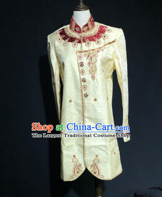 Indian Traditional Wedding Embroidered Apricot Coat Asian Hui Nationality Bridegroom Costume for Men