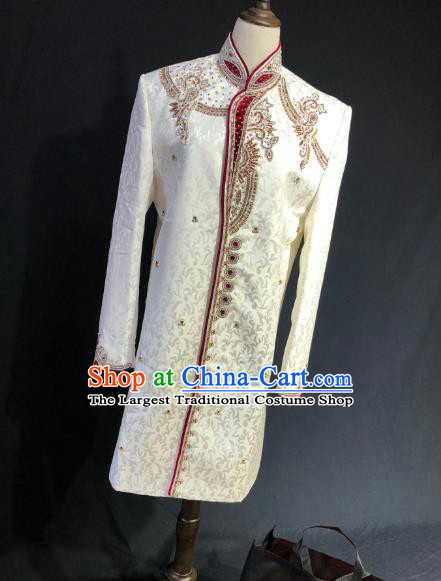 Indian Traditional Court Wedding Embroidered White Coat Asian Hui Nationality Bridegroom Costume for Men