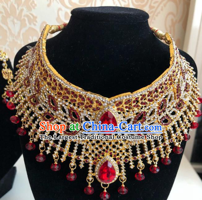 Indian Traditional Wedding Red Crystal Golden Necklace Asian India Bride Jewelry Accessories for Women