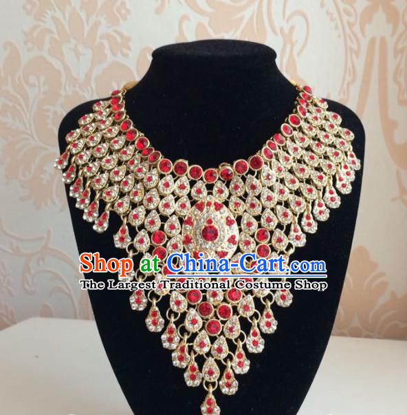 Indian Court Traditional Wedding Luxury Red Crystal Necklace Asian India Bride Jewelry Accessories for Women