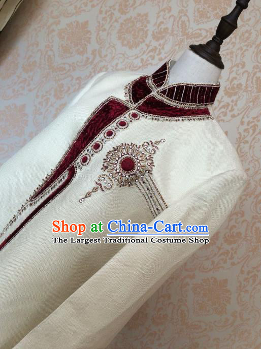 Indian Traditional Court Wedding Embroidered White Satin Coat Asian Hui Nationality Bridegroom Costume for Men