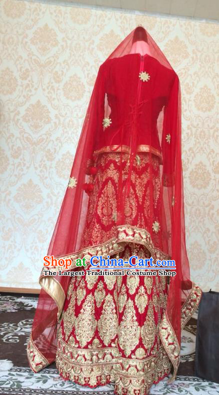 Indian Traditional Court Wedding Red Lehenga Costume Asian Hui Nationality Bride Embroidered Dress for Women
