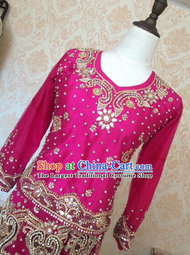 Indian Traditional Court Wedding Diamante Rosy Lehenga Costume Asian Hui Nationality Bride Embroidered Dress for Women