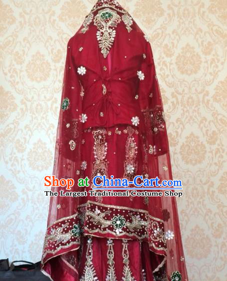 Indian Traditional Court Wedding Wine Red Lehenga Costume Asian Hui Nationality Bride Embroidered Dress for Women