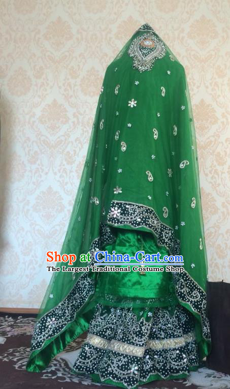 Indian Traditional Diamante Green Satin Lehenga Costume Asian Hui Nationality Wedding Bride Embroidered Dress for Women