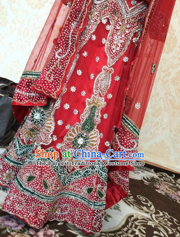 Indian Traditional Court Wedding Embroidered Beads Red Lehenga Costume Asian Hui Nationality Bride Dress for Women