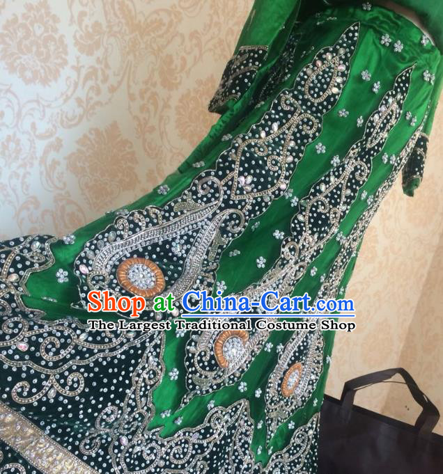 Indian Traditional Diamante Green Satin Lehenga Costume Asian Hui Nationality Wedding Bride Embroidered Dress for Women
