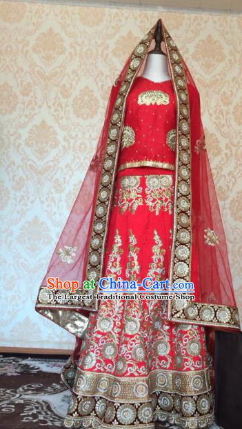 Indian Traditional Court Red Lehenga Costume Asian Hui Nationality Wedding Bride Embroidered Dress for Women