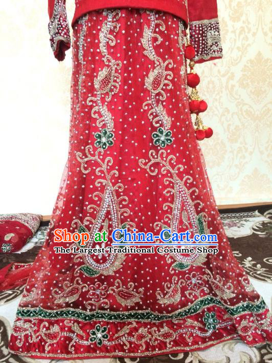 Indian Traditional Court Wedding Dress Asian Hui Nationality Bride Diamante Red Lehenga Costume for Women
