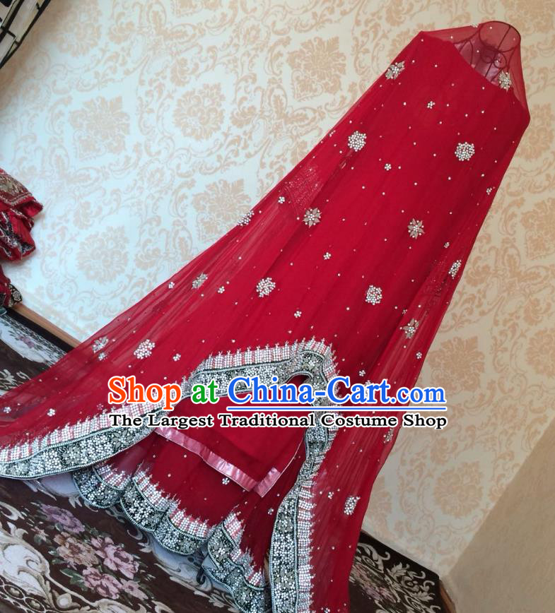 Indian Traditional Court Beading Wedding Dress Asian Hui Nationality Bride Red Lehenga Costume for Women
