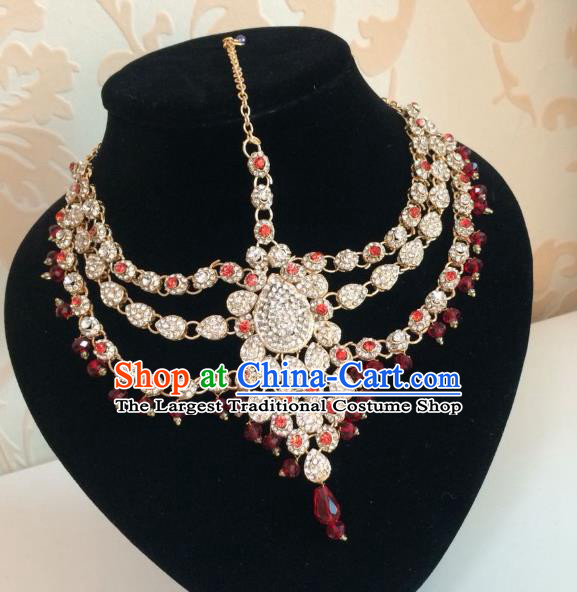 Traditional Indian Court Wedding Red Beads Crystal Hair Accessories Asian India Eyebrows Pendant Jewelry Accessories for Women